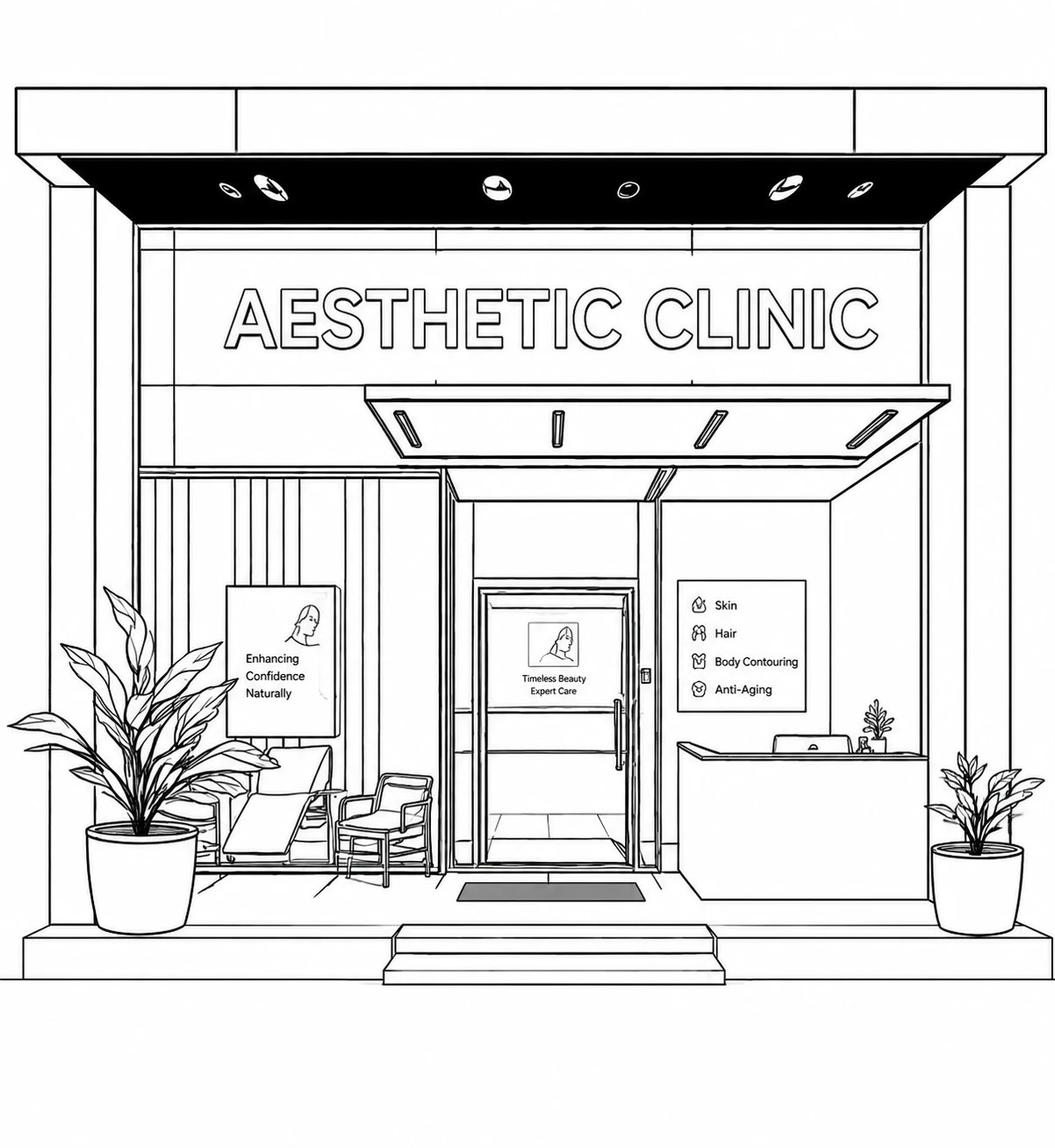 Aesthetic clinic storefront illustration with Aesthetic Clinic signage